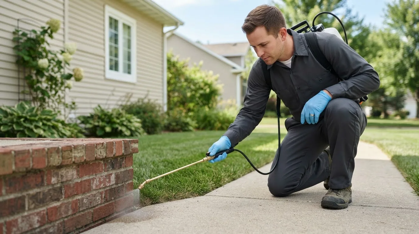 Pest control technician treating a home near Cass, WV